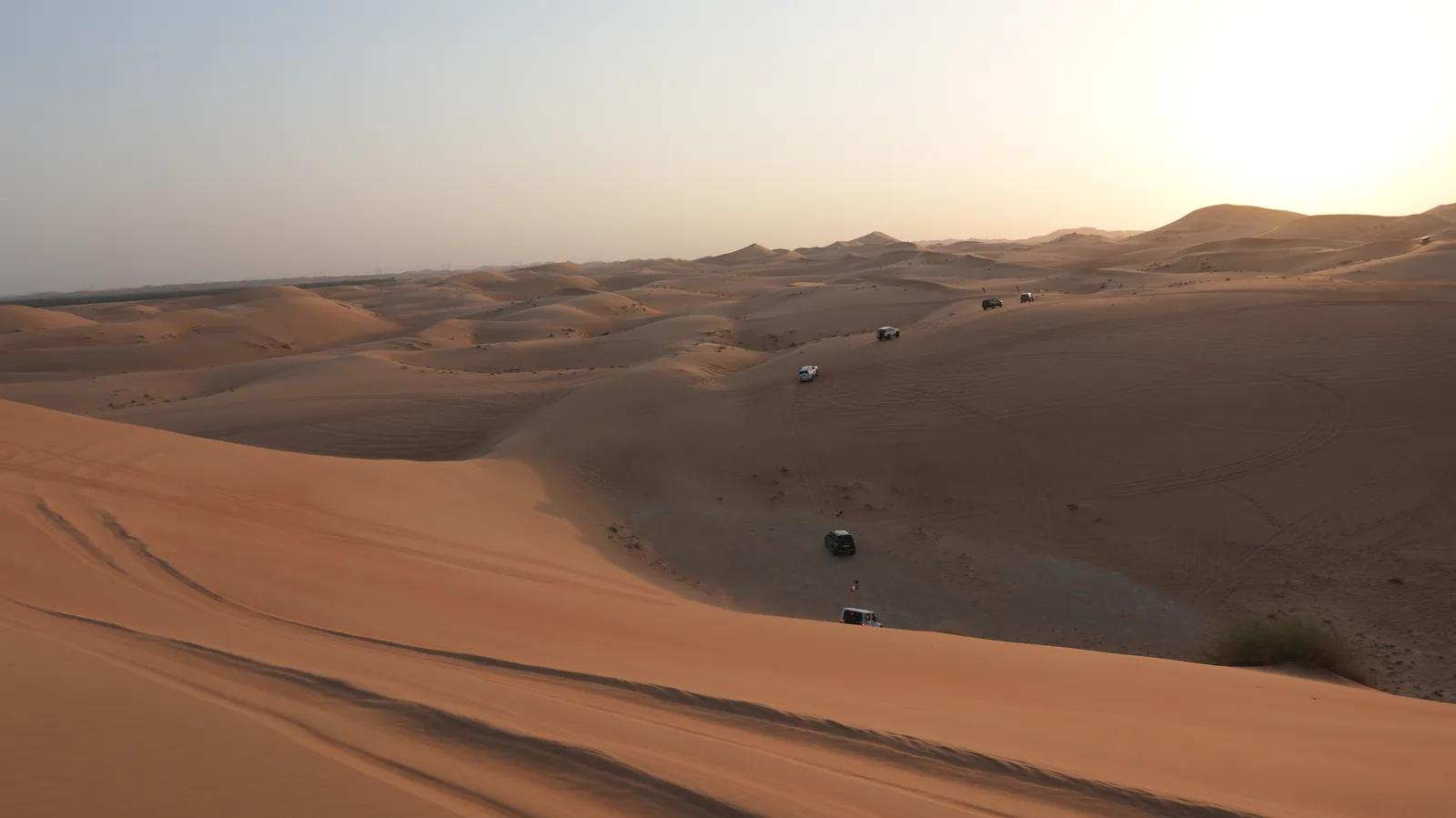 A convoy of 4x4s crossing big dunes at golden hour