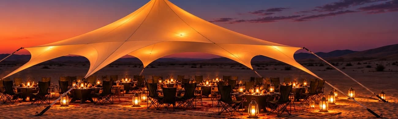 KAJU Liwa Camp's lantern-lit stretch-tent lounge at dusk