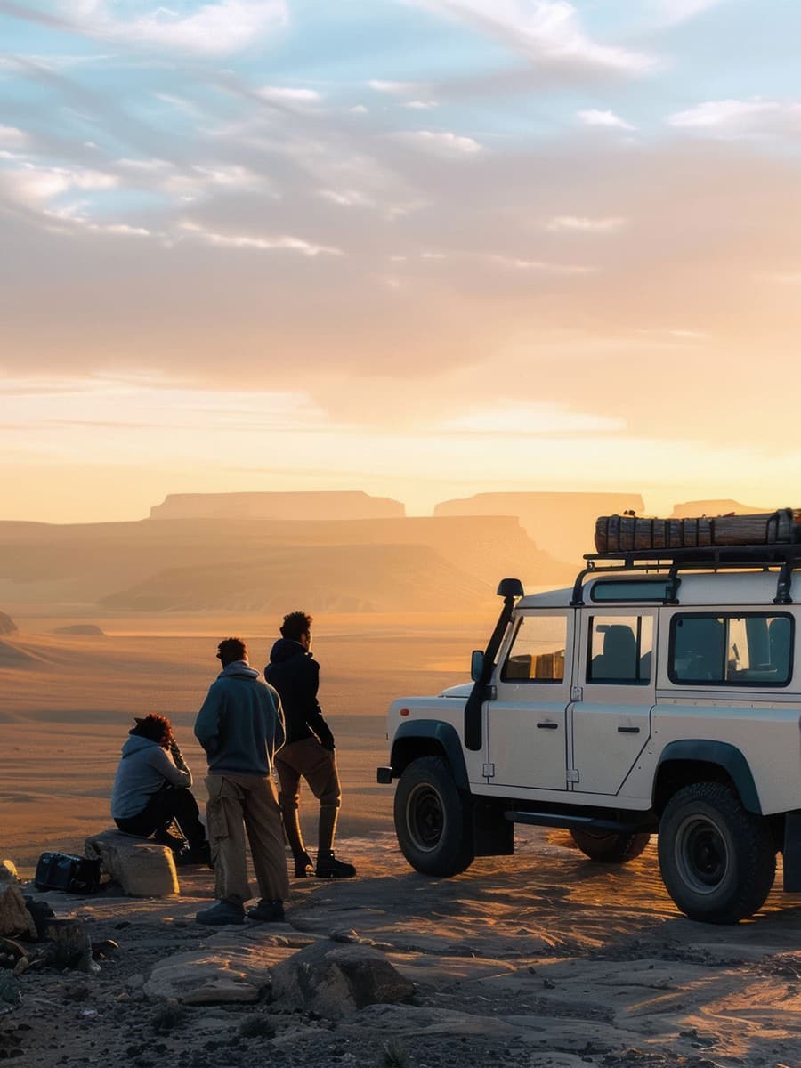 Friends with a white Defender at sunrise over a desert canyon