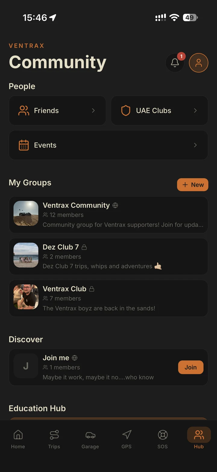 Ventrax Navra community hub showing friends, UAE clubs, groups and the off-road education library