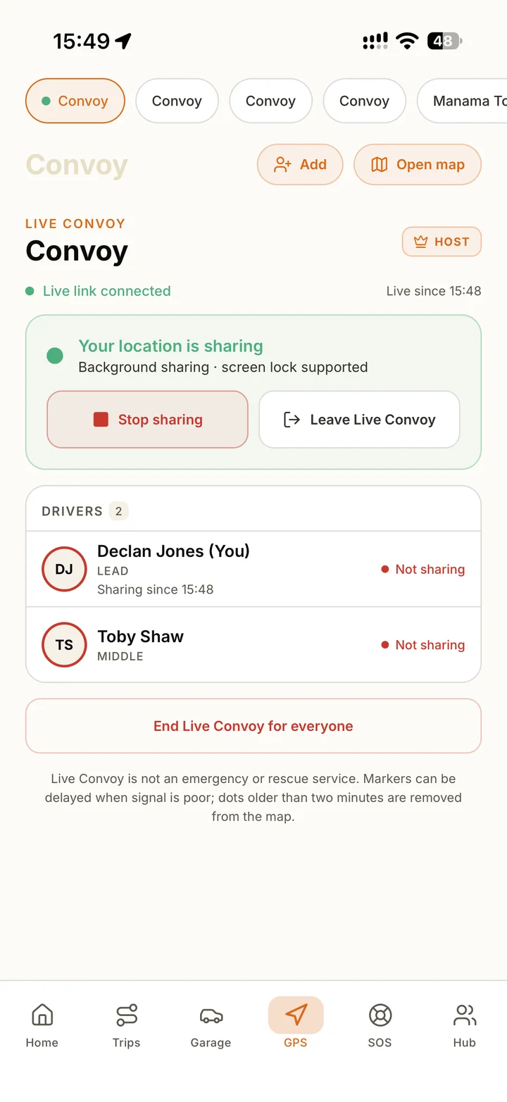 Ventrax Navra live convoy screen showing two drivers, location-sharing controls and access to the convoy map