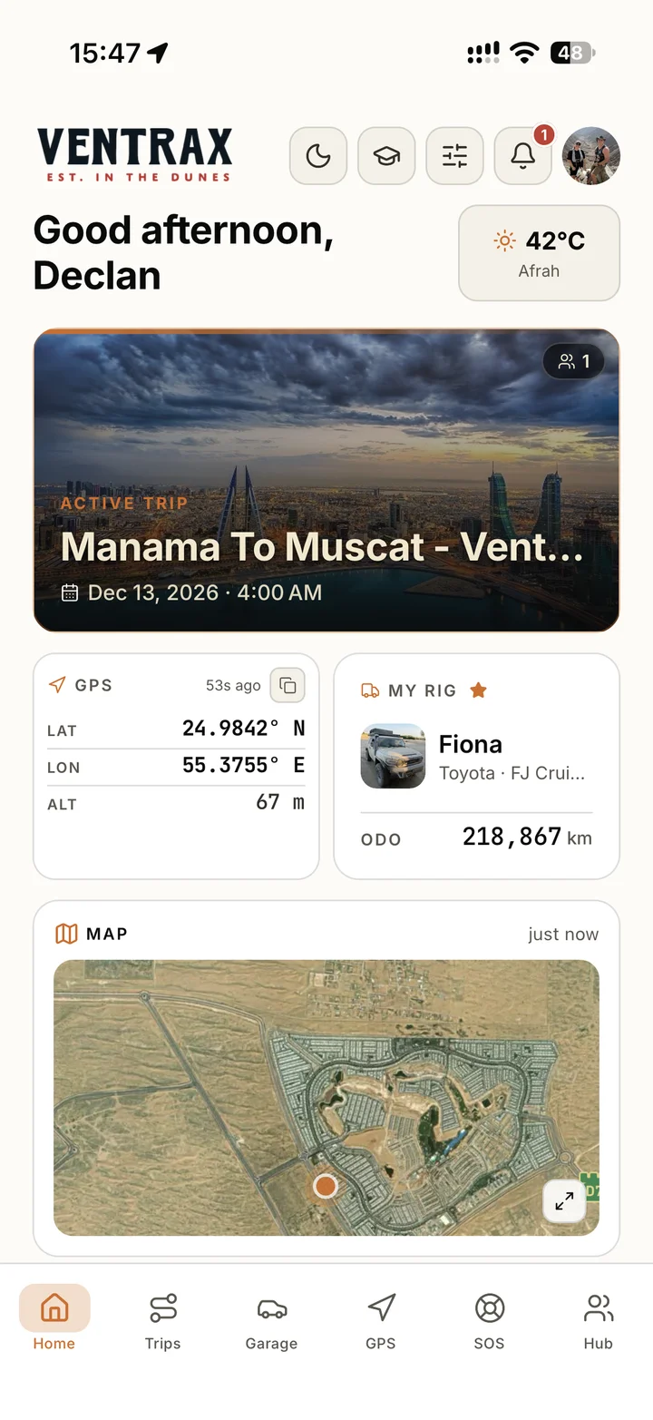 Ventrax Navra dashboard showing a Manama to Muscat trip, GPS coordinates, a vehicle odometer, weather and a satellite map