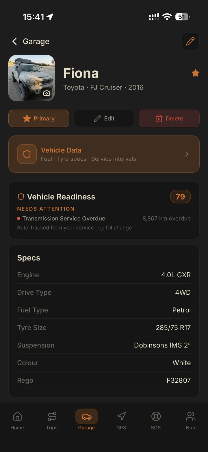 Ventrax Navra garage showing a 2016 Toyota FJ Cruiser profile, readiness score, service reminder and vehicle specifications