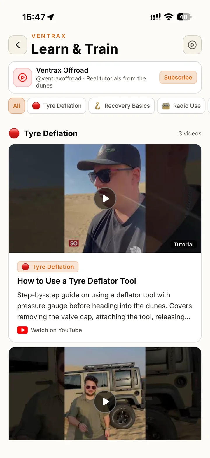 Ventrax Navra Learn and Train screen showing Ventrax Offroad tyre deflation and recovery tutorials