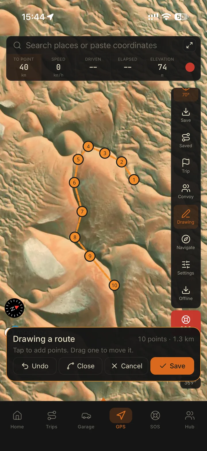 Ventrax Navra drawing a ten-point off-road route over satellite imagery of UAE dunes