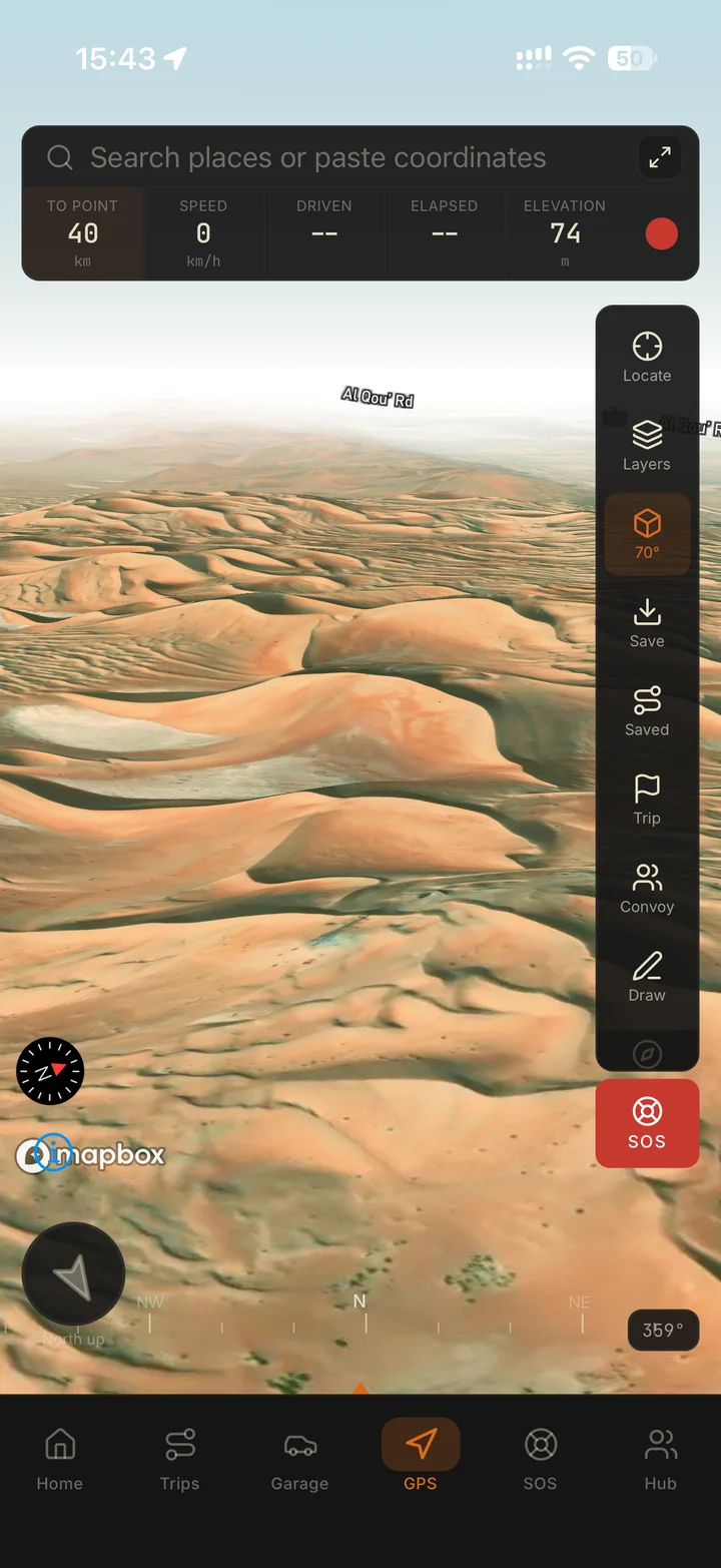 Ventrax Navra Pro showing UAE dunes in a 3D satellite terrain view with compass, elevation and navigation readouts