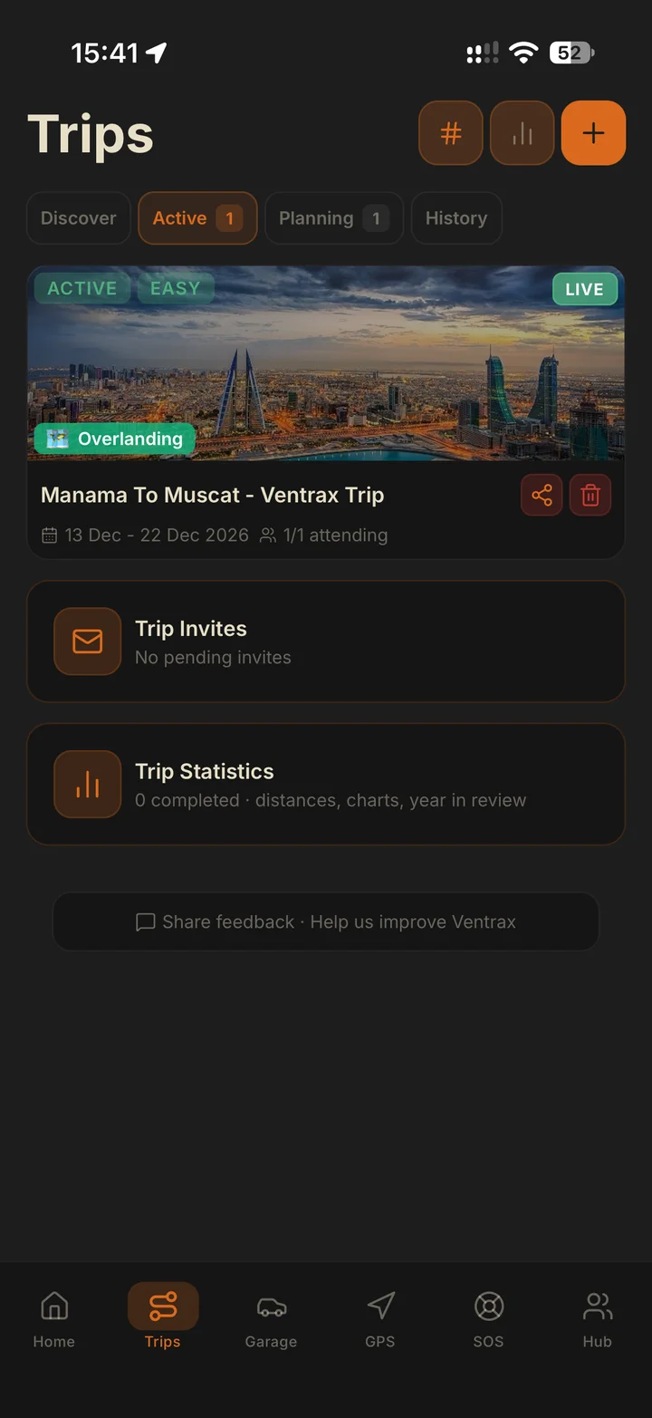 Ventrax Navra trips screen showing the active Manama to Muscat overlanding trip, invitations and trip statistics