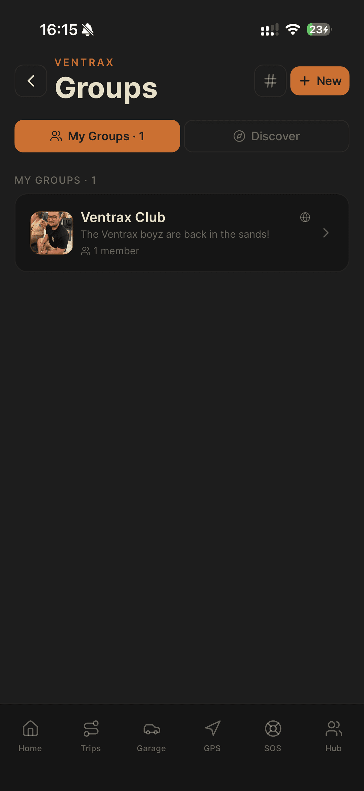 Ventrax Navra groups screen showing the Ventrax Club off-road community