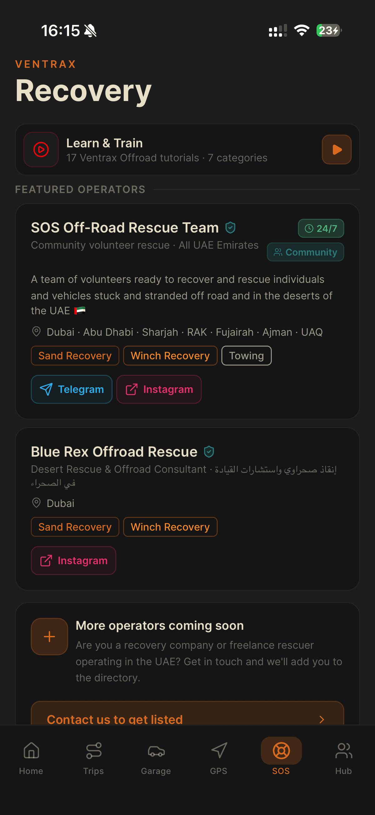 Ventrax Navra recovery screen listing UAE off-road rescue operators and field training