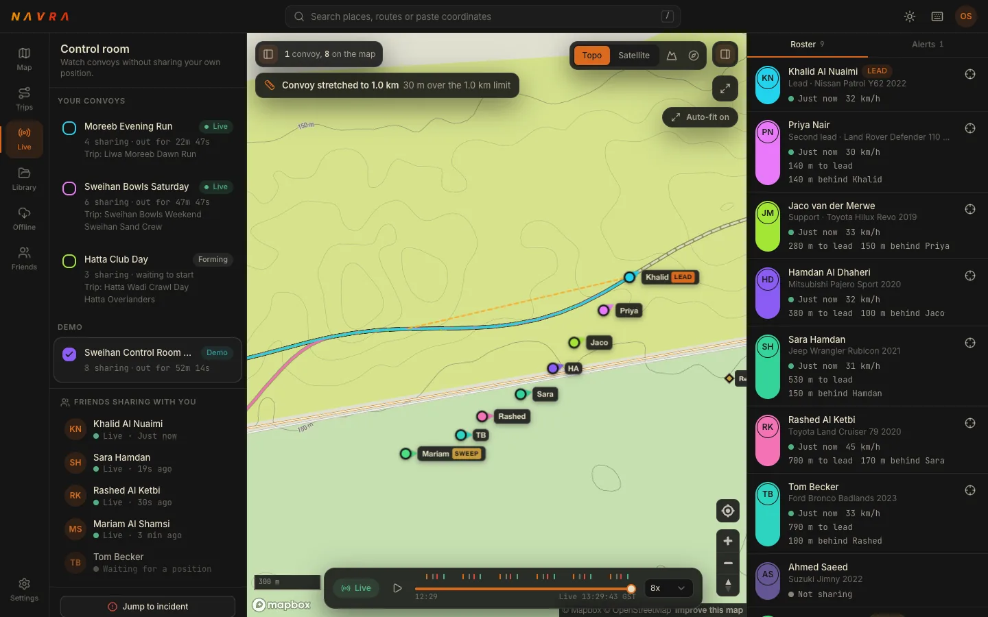 The Navra web control room showing a convoy of vehicles on a map, a roster of drivers with speeds and gaps, and a timeline along the bottom.