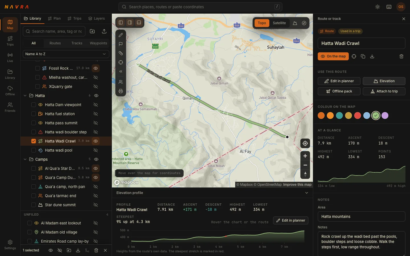 The Navra web app map showing a saved route through the Hatta mountains, with an elevation profile along the bottom and distance, ascent and descent in the side panel.