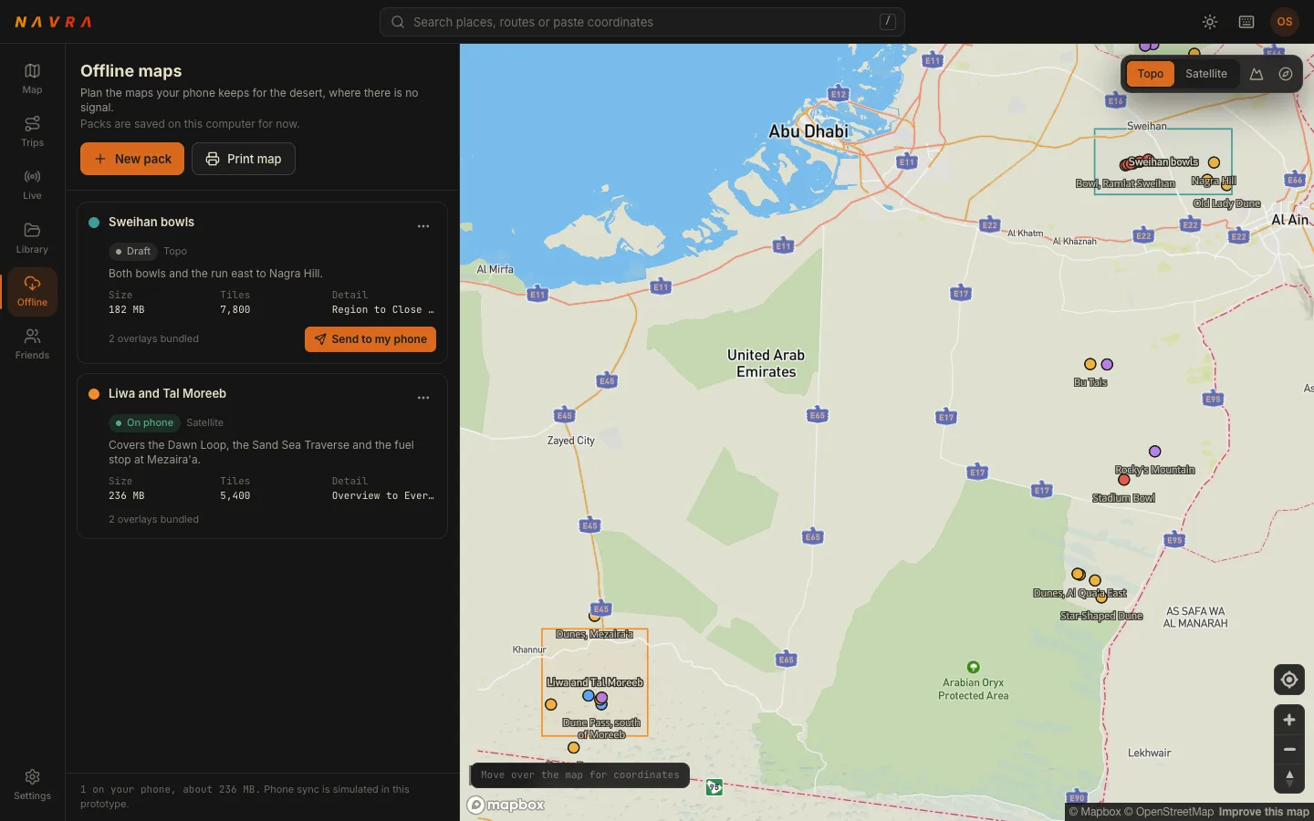 The Navra web offline maps page with two map packs listed on the left and their coverage areas drawn on the map.