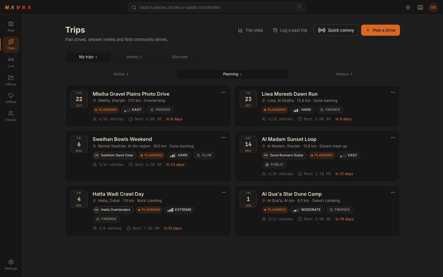 The Navra web trips page showing planned drives as cards with date, area, distance, difficulty and how many vehicles are signed up.